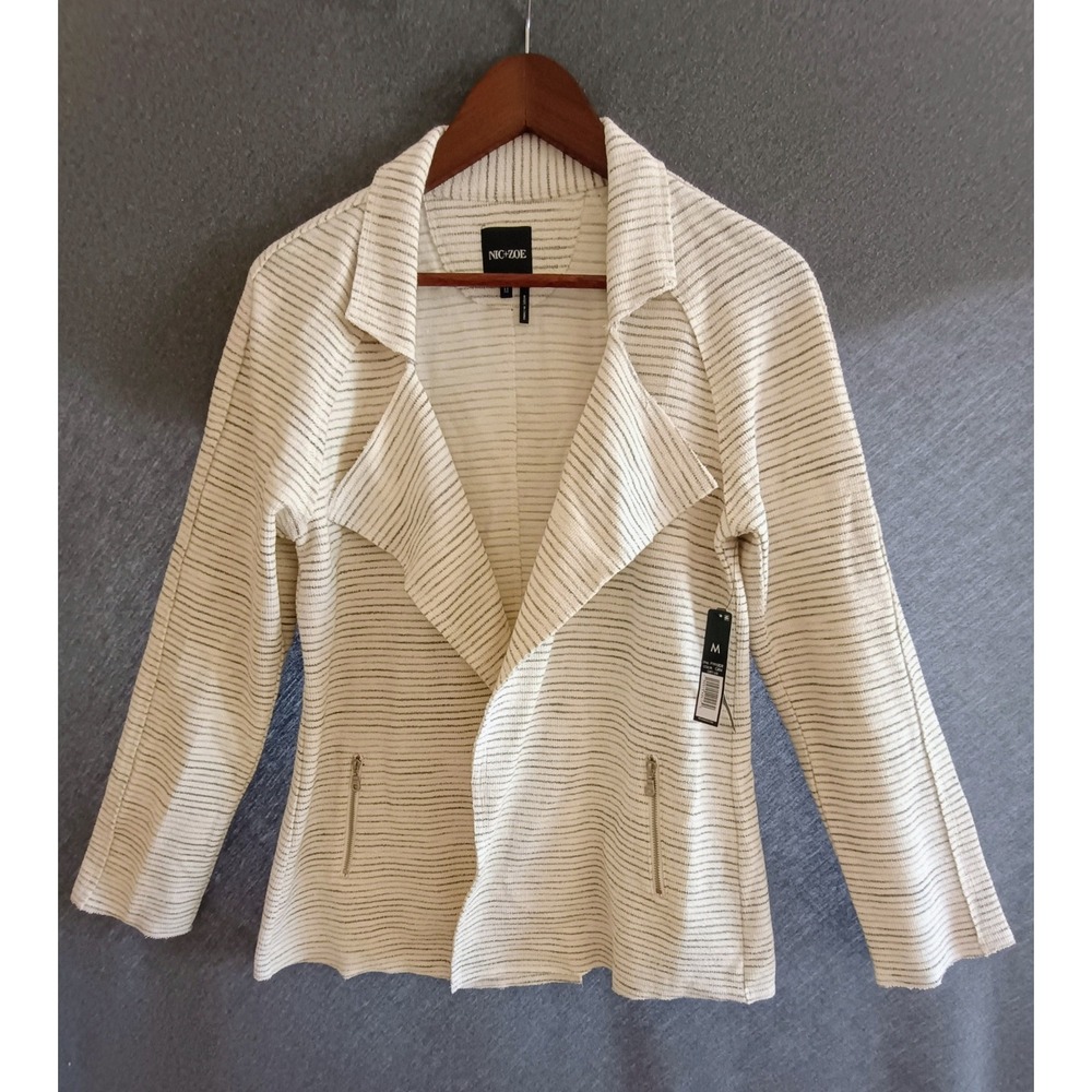 Nic+Zoe Women White Grey Striped Draped Open Front Cardigan Jacket knit M New